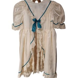Vintage Girls Dress Cream Satin Lace Teal Trim Flower Girl Party Dress 8-10
